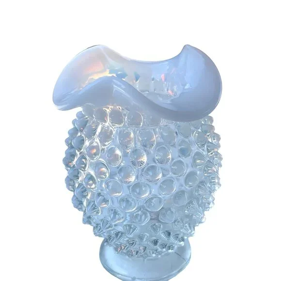 Fenton Vintage White Hobnail Opalescent Milk Glass Vase Petite Ruffled Edge Deco